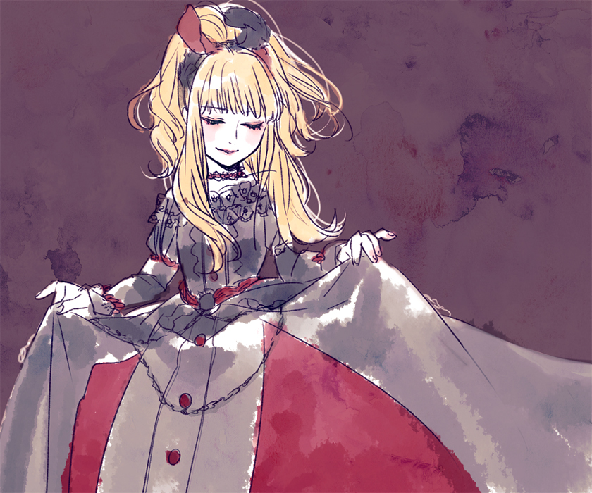 1girl, black_dress, blonde_hair, choker, closed_eyes, dress, elyse, frills
