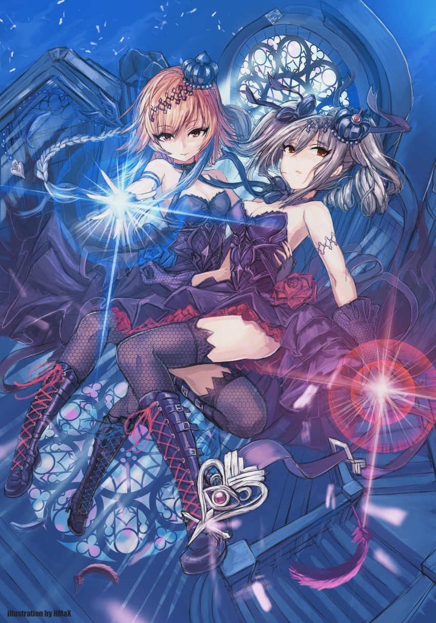 2girls, absurdres, armlet, artist_name, black_dress, black_footwear, black_gloves, black_legwear, black_ribbon, boots, braid, breasts, brown_eyes, brown_hair, cleavage, crown, dark_illuminate, dress, drill_hair, eyebrows_visible_through_hair, feathers, fingerless_gloves, fishnets, gloves, grey_hair, hair_between_eyes, hair_ribbon, highres, hmax, idolmaster, idolmaster_cinderella_girls, kanzaki_ranko, long_hair, looking_at_viewer, mini_crown, multiple_girls, ninomiya_asuka, parted_lips, ribbon, sleeveless, sleeveless_dress, sparkle, strapless, strapless_dress, thigh-highs, twin_drills, twintails
