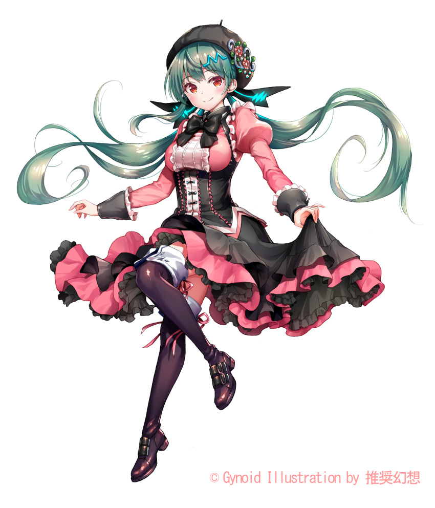 1girl, artist_name, black_hat, black_legwear, black_neckwear, blush, bow, bowtie