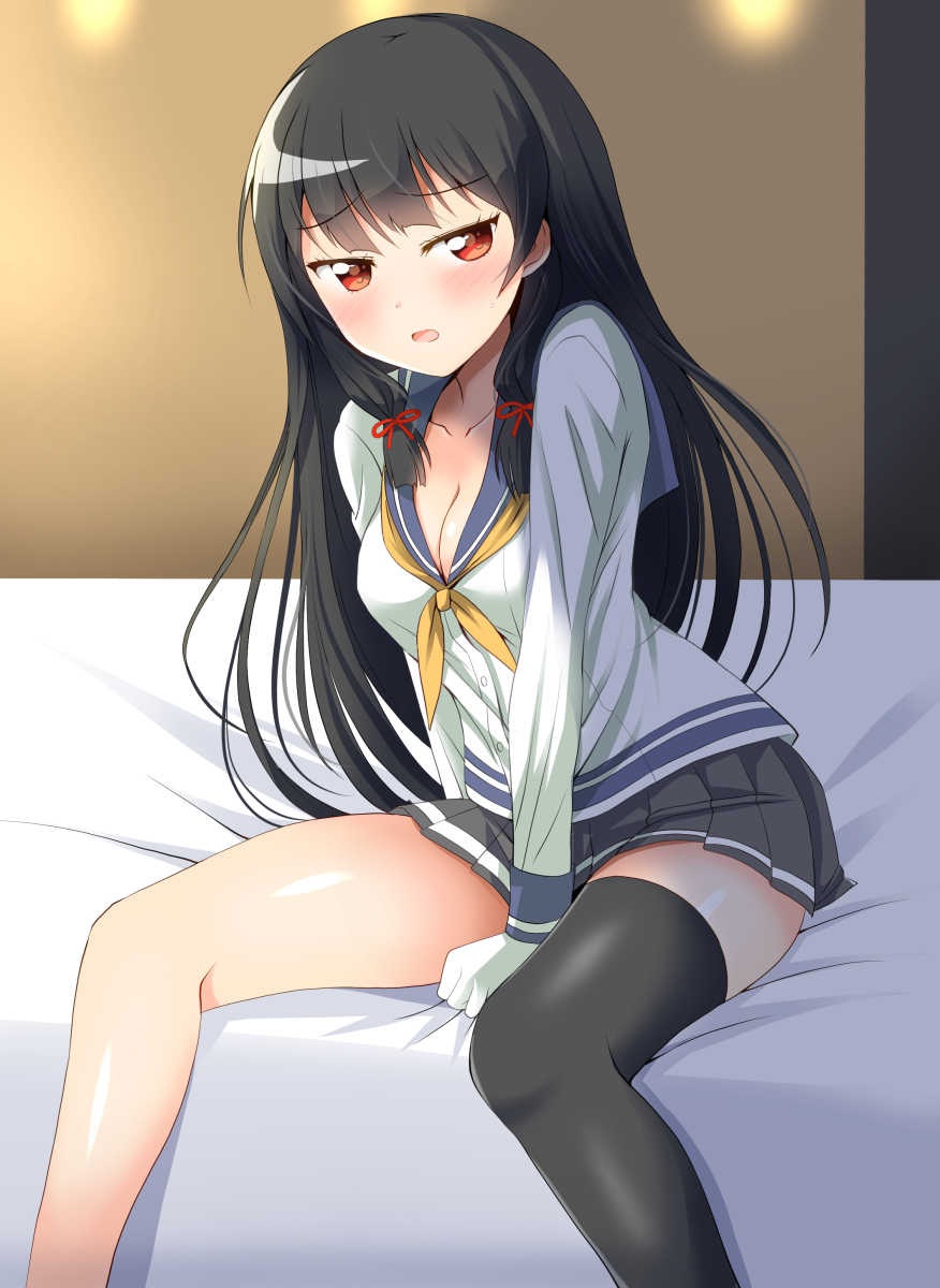 1girl, asymmetrical_legwear, bed, bed_sheet, between_legs, black_hair, black_legwear, blush