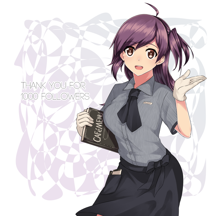 1girl, ahoge, bangs, black_neckwear, black_skirt, blush, breasts, brown_eyes