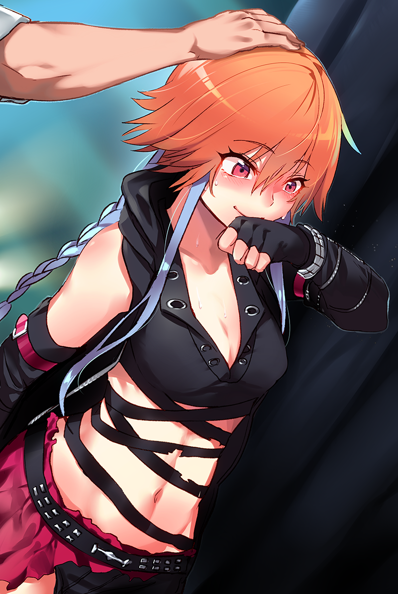 1girl, bangs, belt, black_gloves, black_ribbon, black_shorts, blue_hair, blush