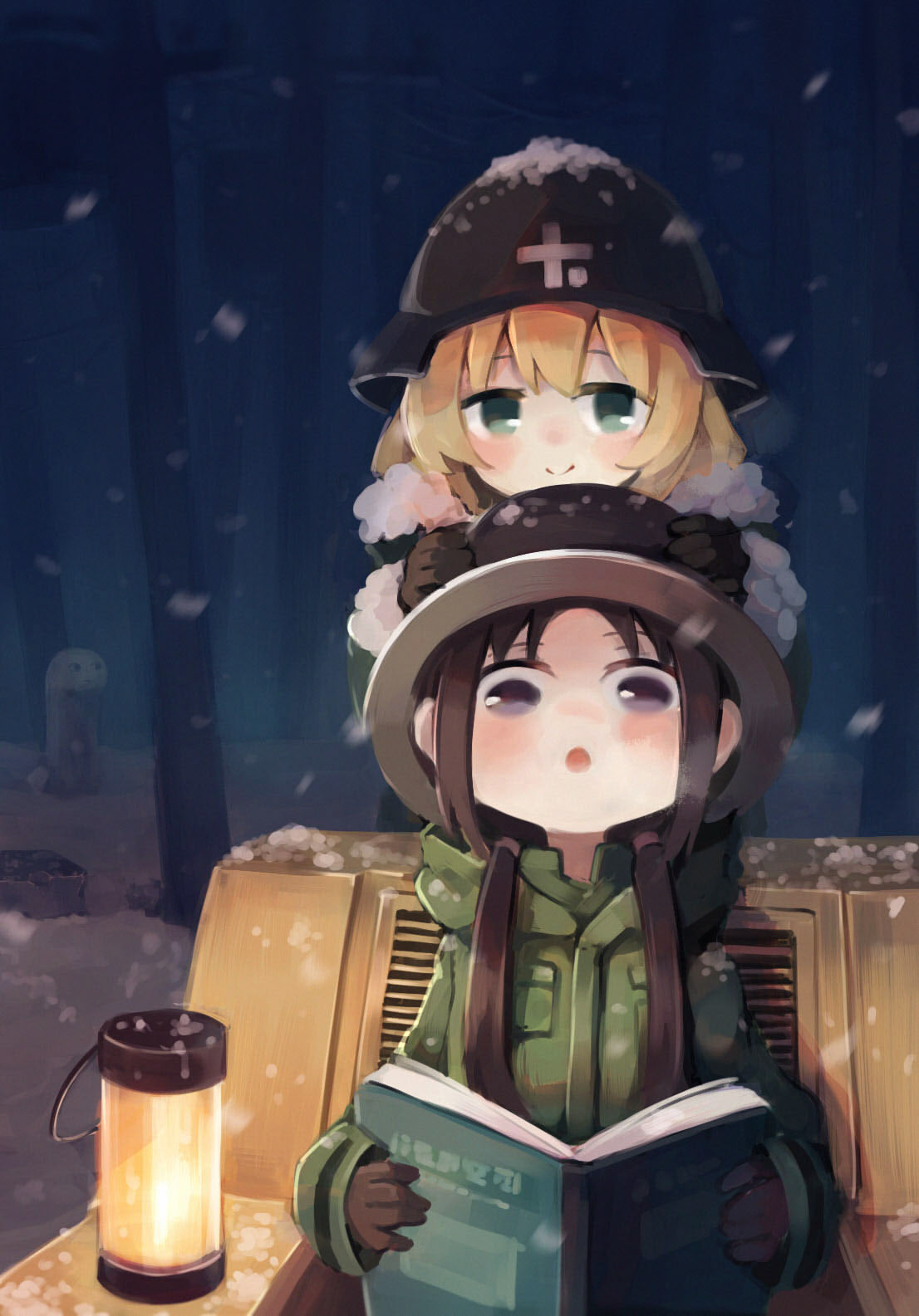2girls, :o, black_hair, blonde_hair, blue_eyes, book, chito_(shoujo_shuumatsu_ryokou), coat