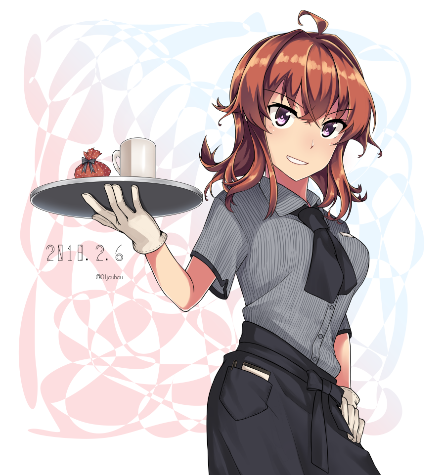 1girl, ahoge, alternate_costume, alternate_eye_color, arashi_(kantai_collection), bangs, black_neckwear, black_skirt