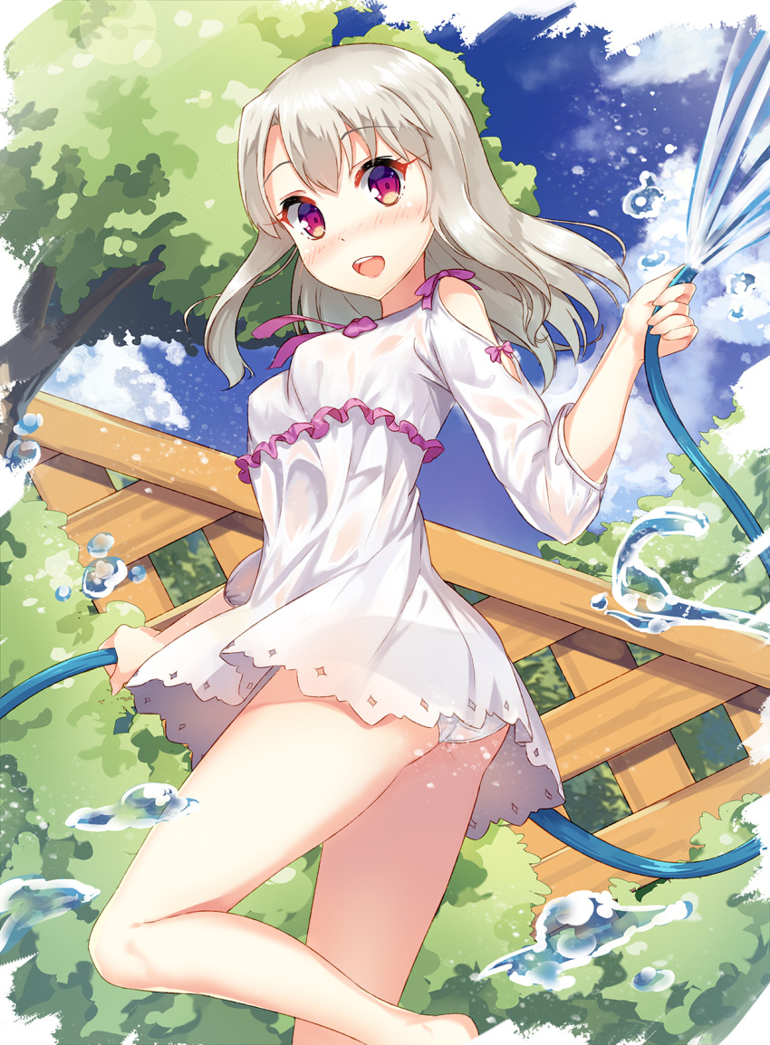 1girl, :d, ass, bare_legs, bare_shoulders, barefoot, blue_sky, blush