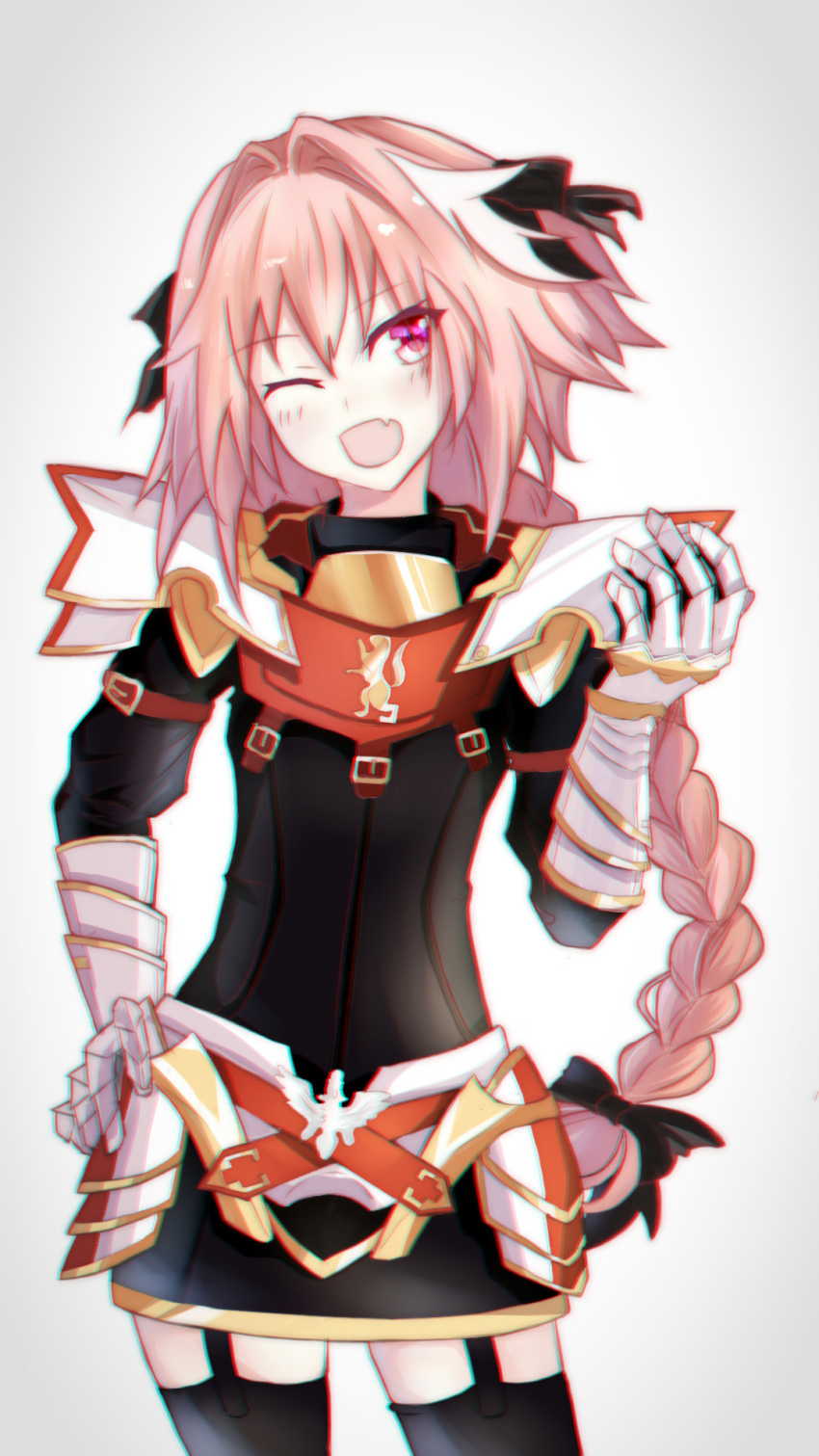 1boy, astolfo_(fate), black_legwear, black_ribbon, braid, fang, fate/apocrypha, fate/grand_order