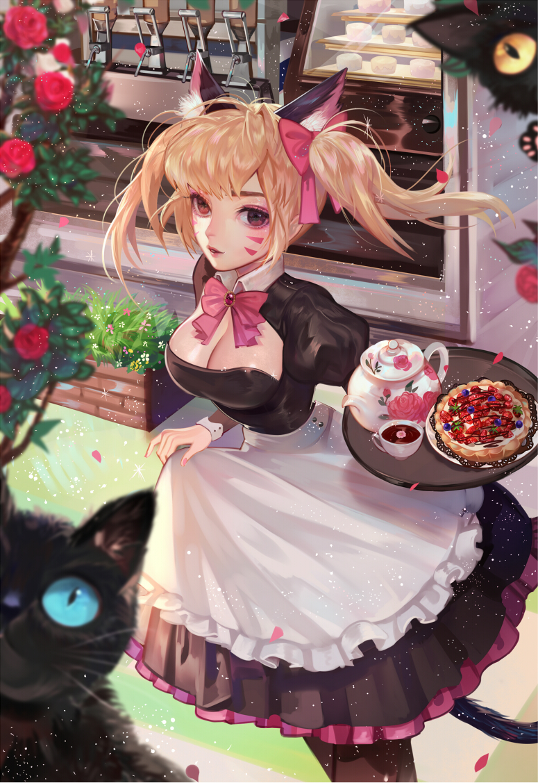 1girl, adapted_costume, alternate_costume, animal_ears, apron, black_cat, black_cat_d.va, black_dress