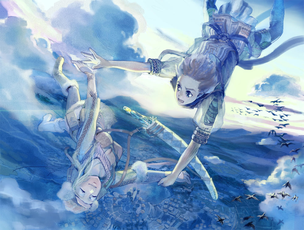 bird, city, closed_eyes, cloud, clouds, couple, falling, fantasy