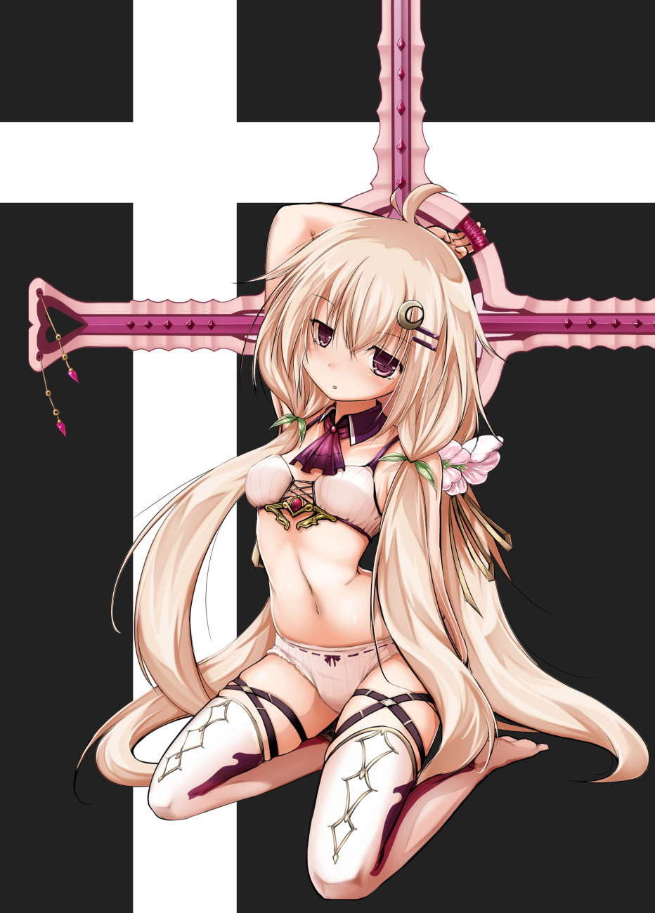 1girl, ahoge, blonde_hair, bra, crescent, crescent_hair_ornament, expressionless, flower