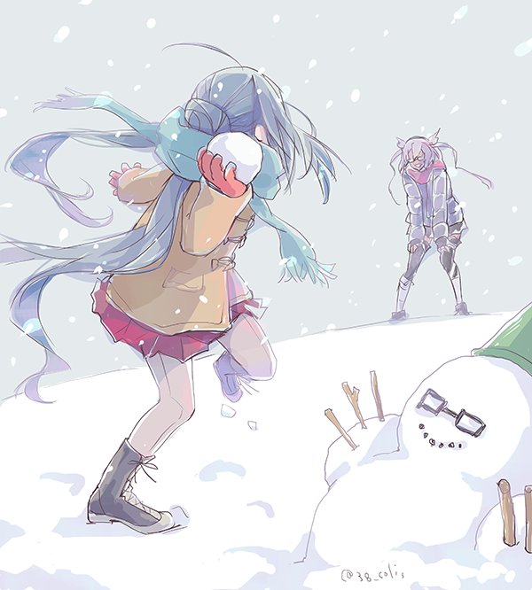 2girls, ahoge, boots, bucket, coat, colis, commentary_request, cross-laced_footwear
