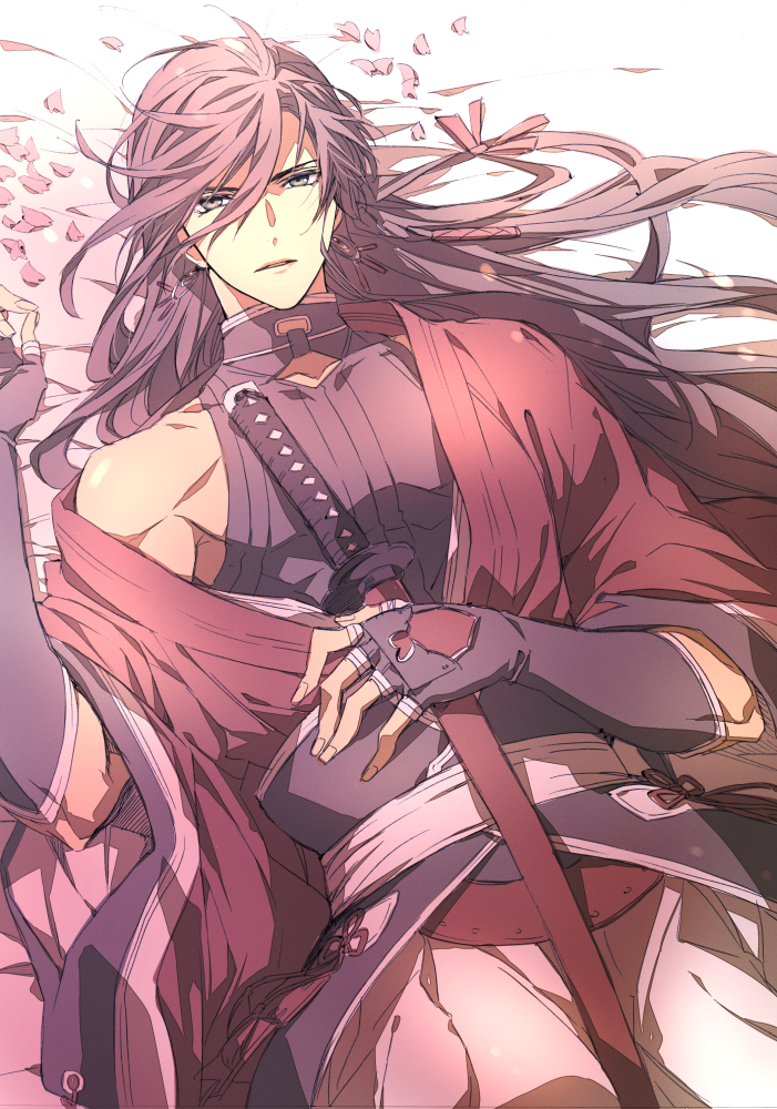 1boy, black_hair, izumi-no-kami_kanesada, japanese_clothes, katana, long_hair, lying, male_focus, muku_(pixiv3207772), off_shoulder, on_bed, petals, purple_hair, sheath, sheathed, solo, sword, touken_ranbu, very_long_hair, weapon