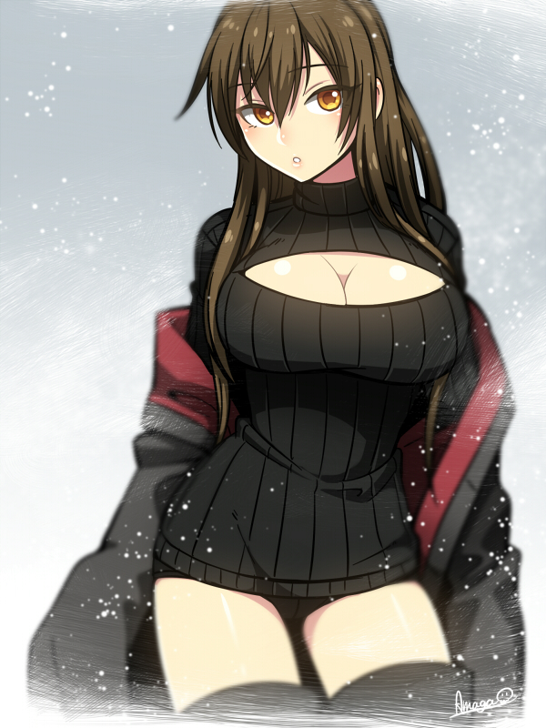 1girl, amaga_sakuramaru, black_footwear, black_shorts, black_sweater, boots, breasts, brown_hair