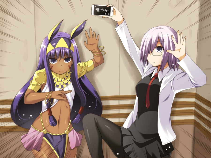 2girls, :d, black_dress, black_legwear, cellphone, commentary_request, dark_skin, dress