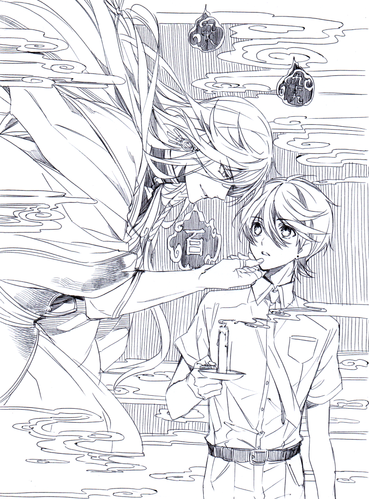 2boys, candle, clouds, crosshatching, floating, holding_face, horikawa_kunihiro, izumi-no-kami_kanesada