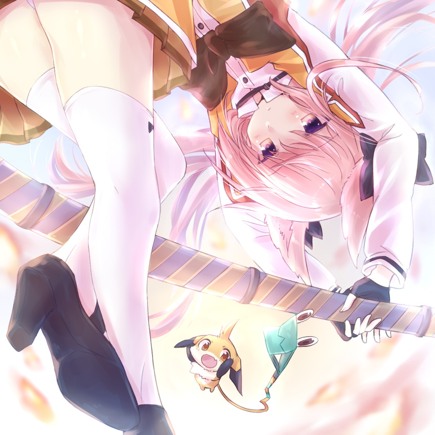 1girl, animal_ears, blue_sky, blush, closed_mouth, creature, expressionless, fingerless_gloves
