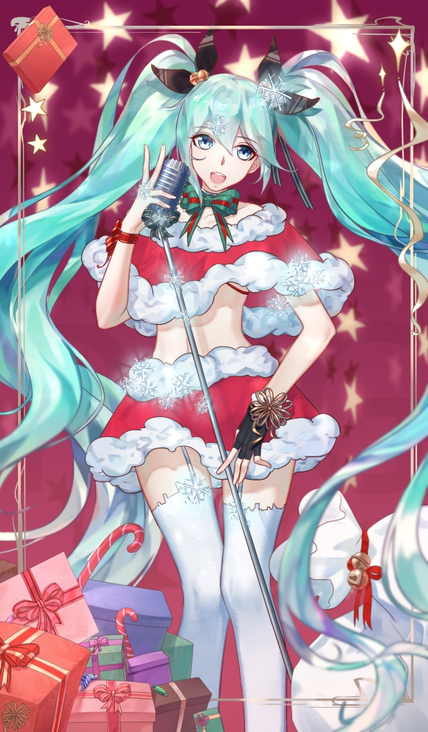 1girl, absurdly_long_hair, aqua_eyes, aqua_hair, bell, candy, candy_cane, christmas