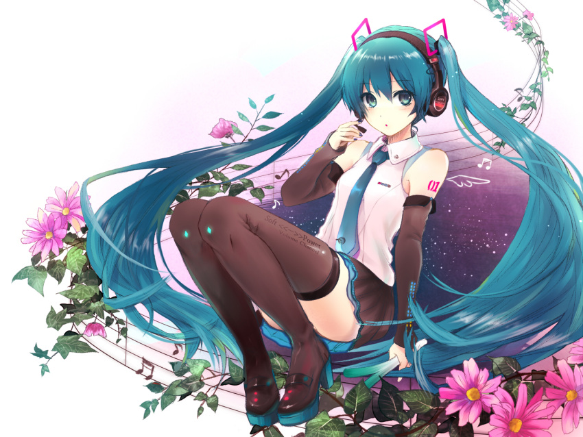 1girl, aqua_eyes, aqua_hair, boots, detached_sleeves, flower, full_body, hatsune_miku
