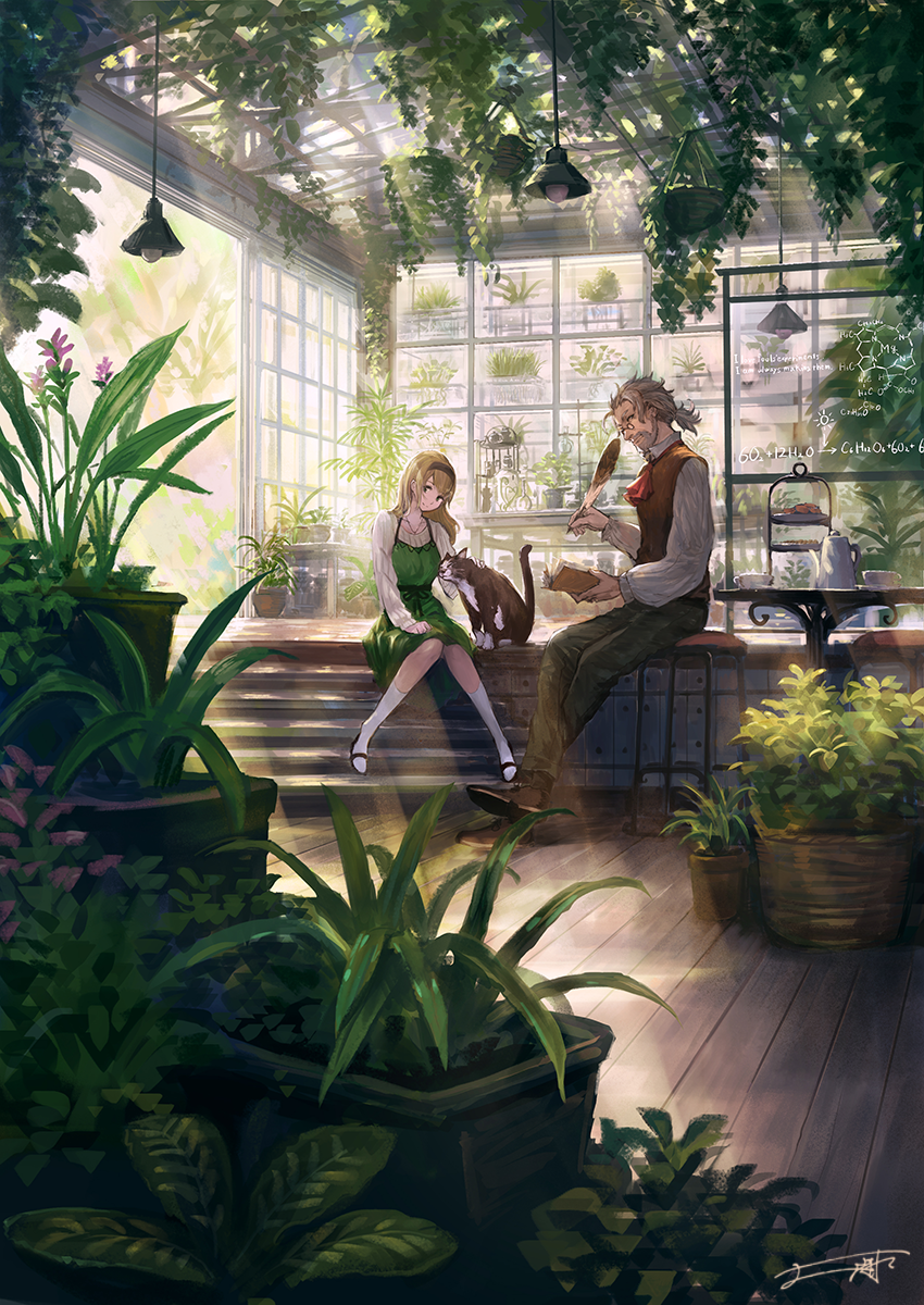 1boy, 1girl, bar_stool, beard, blonde_hair, cat, ceiling_light, chalkboard