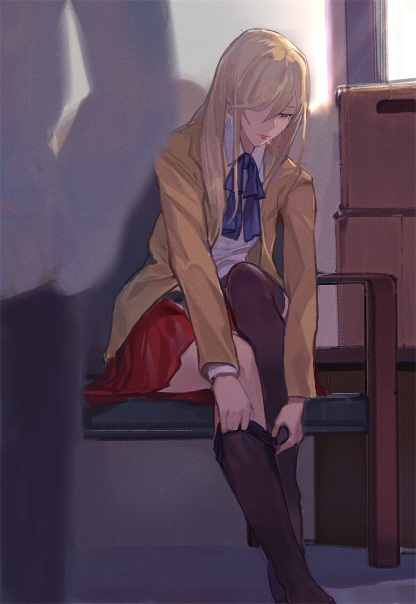 1girl, adjusting_clothes, adjusting_legwear, black_legwear, blonde_hair, blue_eyes, blush, breasts