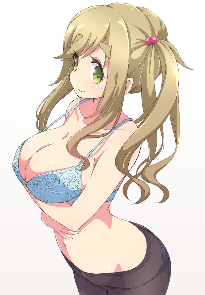 1girl, black_legwear, blue_bra, blue_panties, bra, breast_hold, breasts, brown_hair