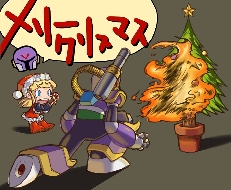 blonde_hair, blue_eyes, bullying, cannon, christmas, christmas_tree, hat, kin_niku