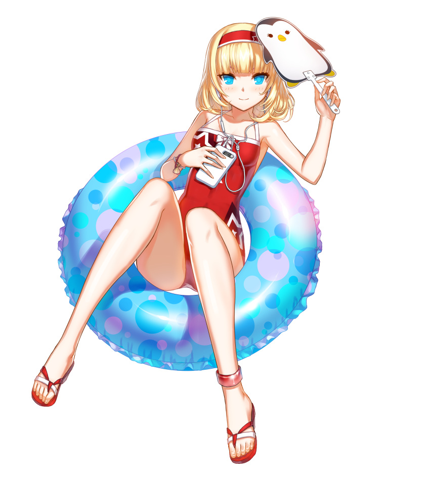 1girl, absurdres, anklet, blonde_hair, blue_eyes, bracelet, casual_one-piece_swimsuit, cellphone