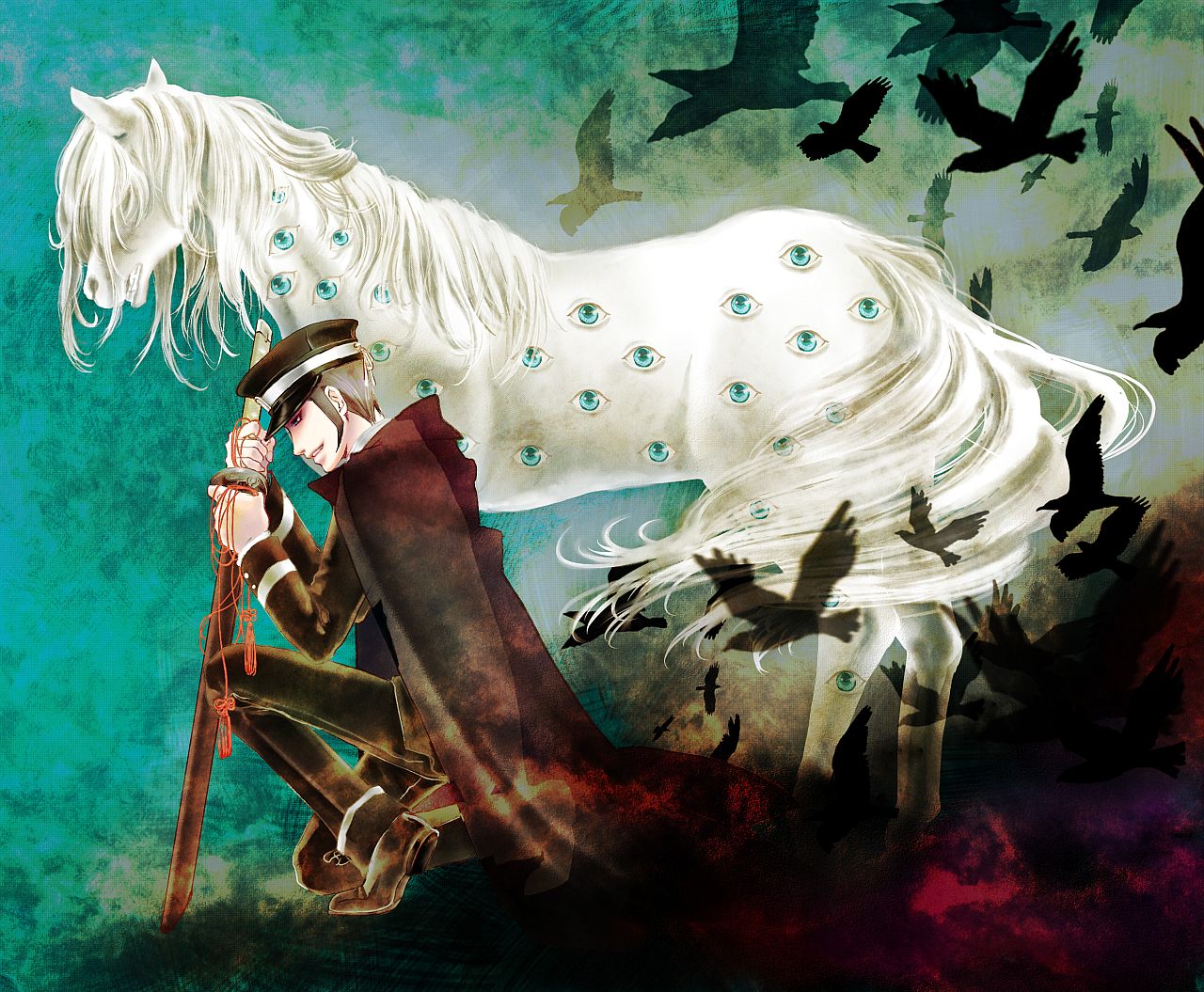black_hair, cape, devil_summoner, eyes, hat, horse, kuzunoha_raidou, male, raidou_kuzunoha_vs_king_abaddon, raidou_kuzunoha_vs_the_soulless_army, shako_cap, sword, weapon