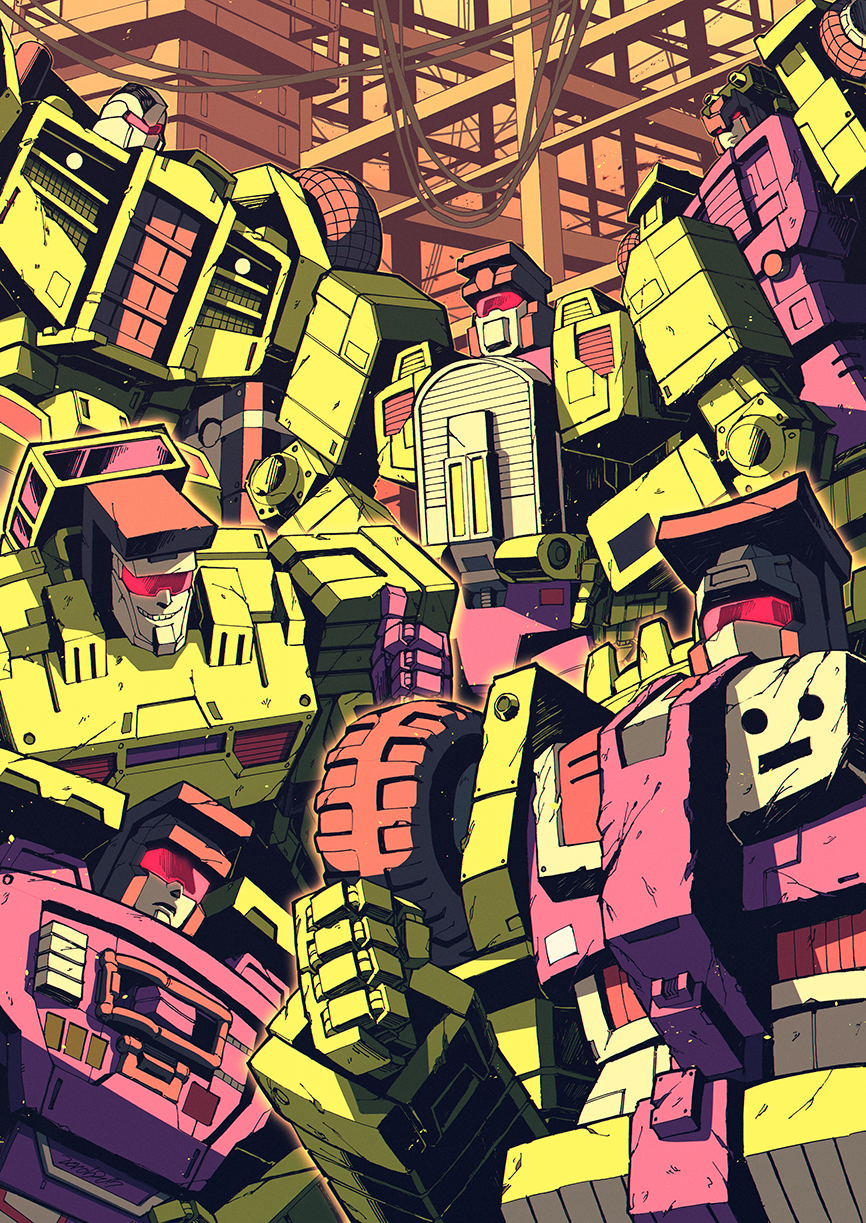 6+boys, bonecrusher, borezet, decepticon, highres, hook_(transformers), long_haul, mecha
