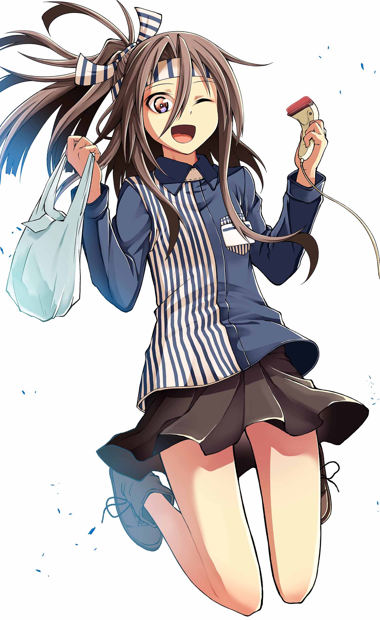 absurdres, akaneharu_ohkami, asymmetrical_hair, bag, barcode_scanner, boots, brown_eyes, brown_hair