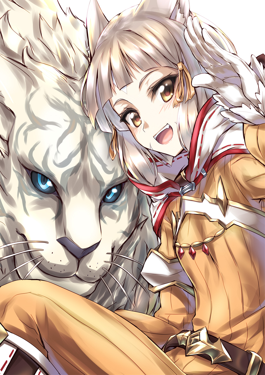 1girl, :d, animal_ears, bangs, belt, blunt_bangs, brown_eyes, byakko_(xenoblade)