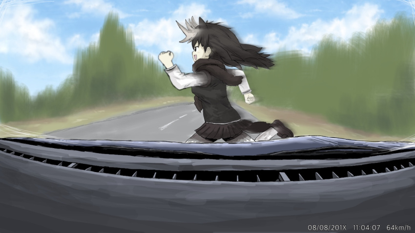 antlers, brown_hair, car, ground_vehicle, kemono_friends, long_hair, long_sleeves, miraruto_(h3yja)