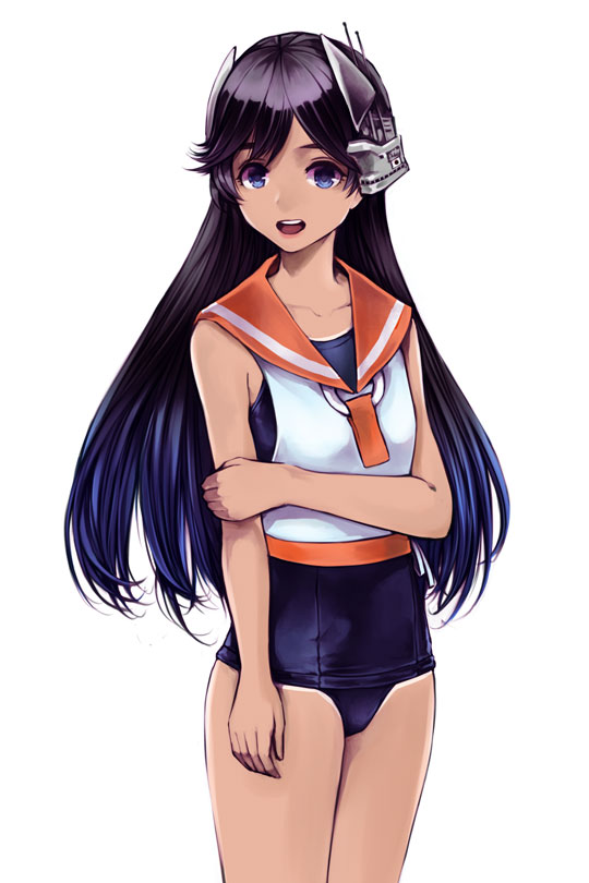 1girl, black_eyes, black_hair, brown_hair, headgear, i-400_(kantai_collection), kantai_collection, kurou_(bcrow), long_hair, open_mouth, orange_sailor_collar, sailor_collar, sailor_shirt, school_swimsuit, shirt, sleeveless, sleeveless_shirt, smile, solo, swimsuit, swimsuit_under_clothes, tan