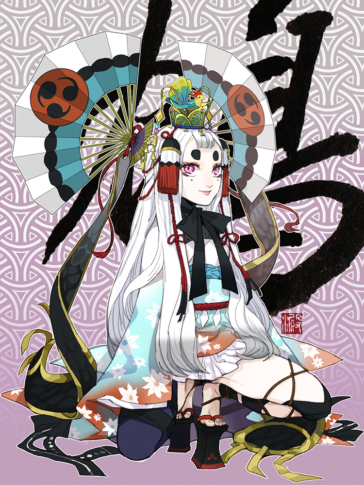 1girl, artist_name, bow, bowtie, chin_(onmyoji), crown, fan, hair_ornament