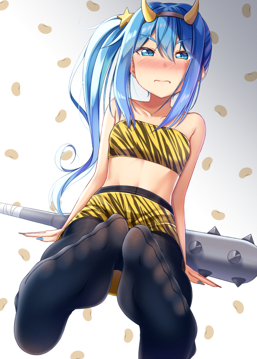 1girl, animal_print, bandeau, bangs, bare_shoulders, black_hairband, black_legwear, blue_eyes