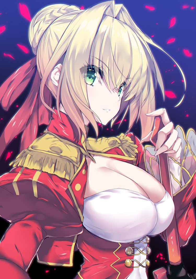 1girl, bangs, blonde_hair, braid, breasts, cleavage, commentary_request, dress