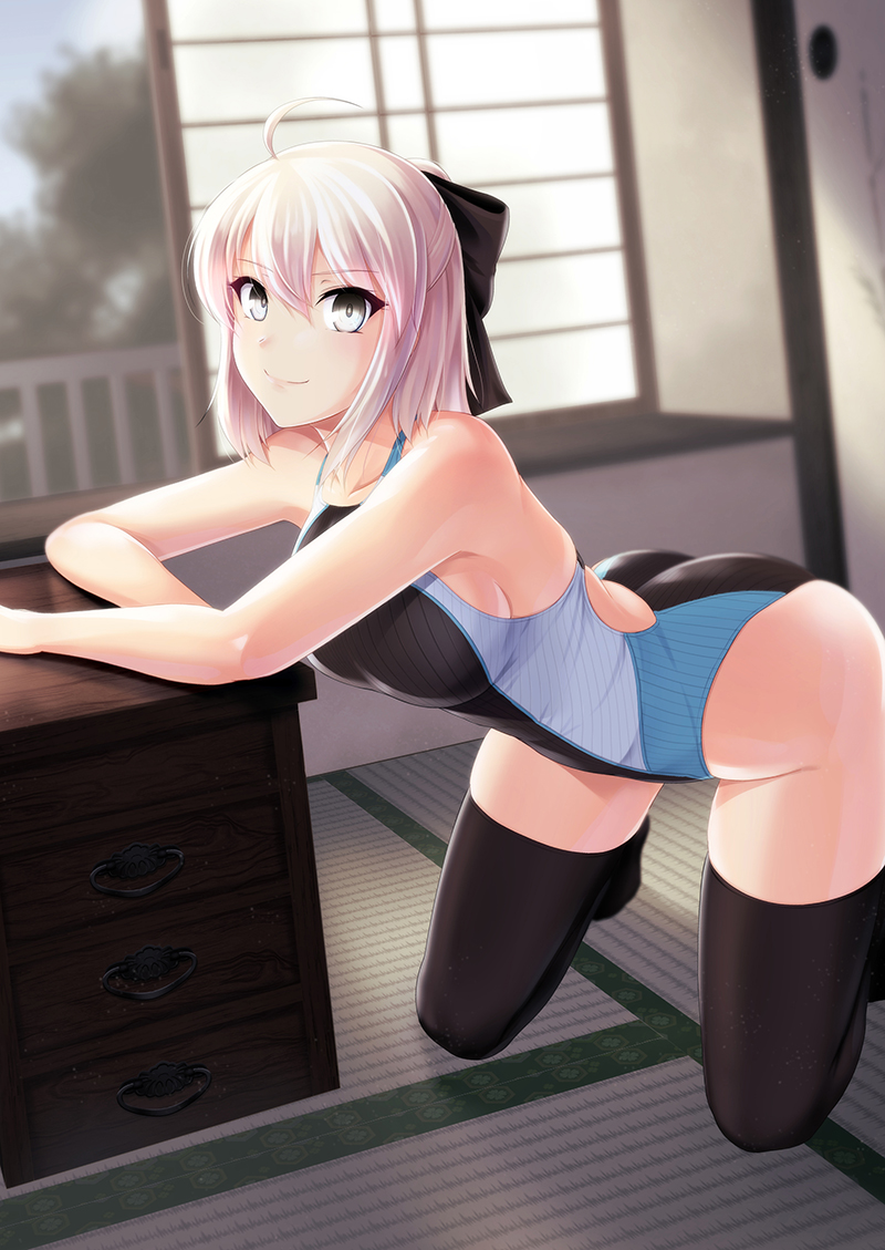 1girl, 8000, ahoge, arm_rest, backless_outfit, bangs, black_bow, black_legwear
