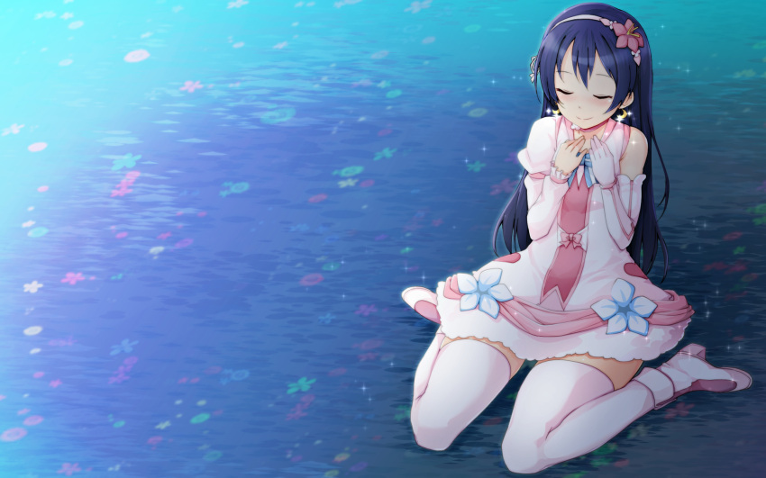 1girl, bangs, bare_shoulders, blue_hair, blush, bokutachi_wa_hitotsu_no_hikari, choker, closed_eyes