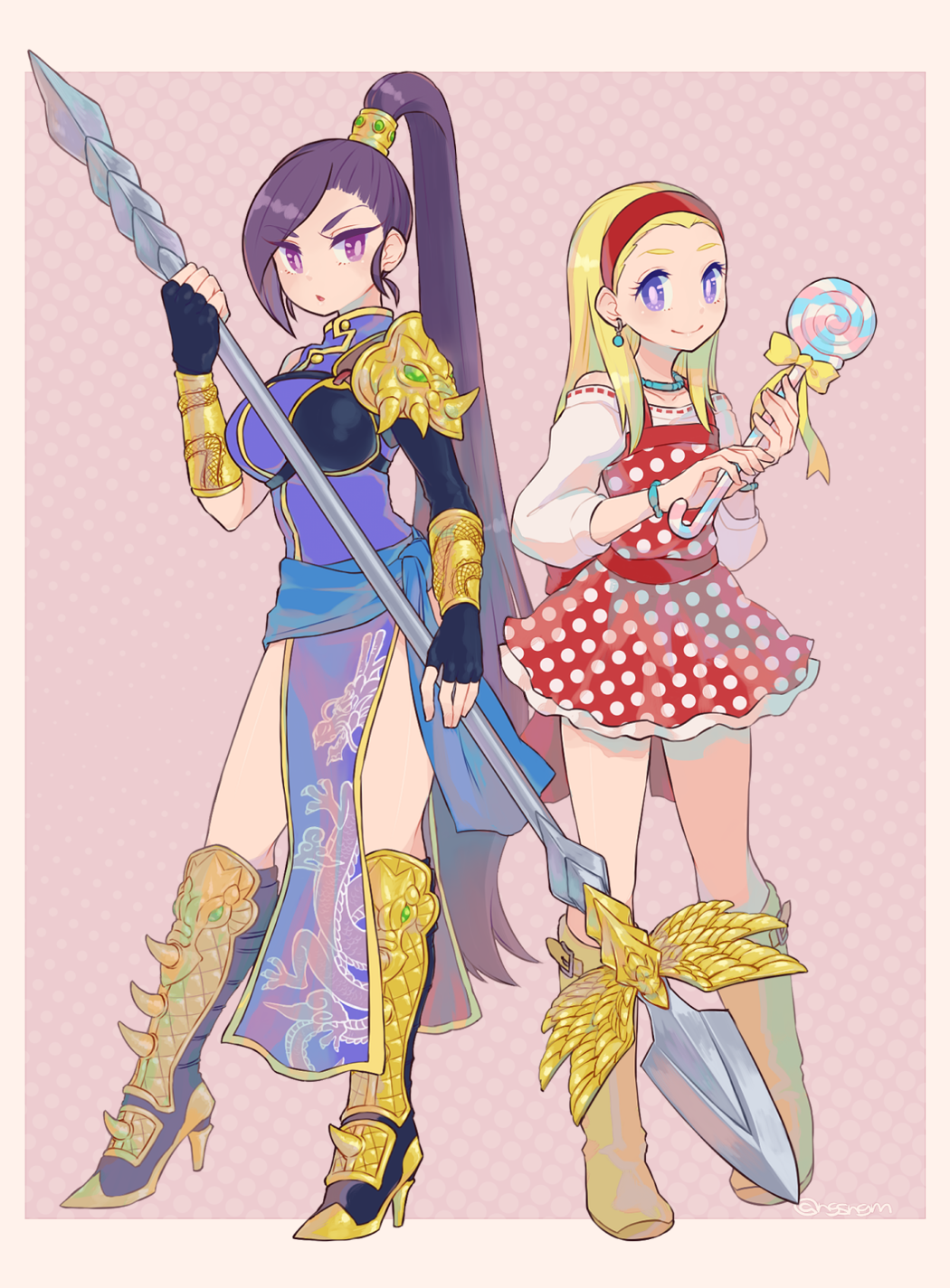 2girls, armor, asymmetrical_clothes, asymmetrical_gloves, back-to-back, bare_shoulders, black_gloves, blonde_hair