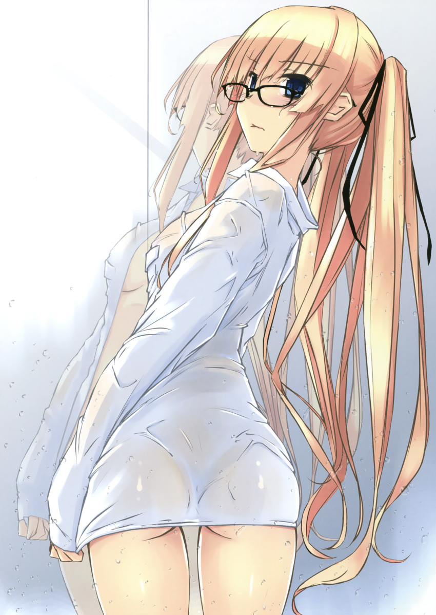 1girl, absurdres, arms_at_sides, ass, back, bangs, black-framed_eyewear, black_ribbon