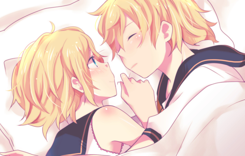 1boy, 1girl, aoi_choko_(aoichoco), bed, bed_sheet, blonde_hair, blue_eyes, blush, brother_and_sister, closed_eyes, hug, kagamine_len, kagamine_rin, looking_at_another, lying, on_side, pillow, sailor_collar, shirt, short_hair, siblings, sleeping, sleeveless, sleeveless_shirt, smile, twins, vocaloid