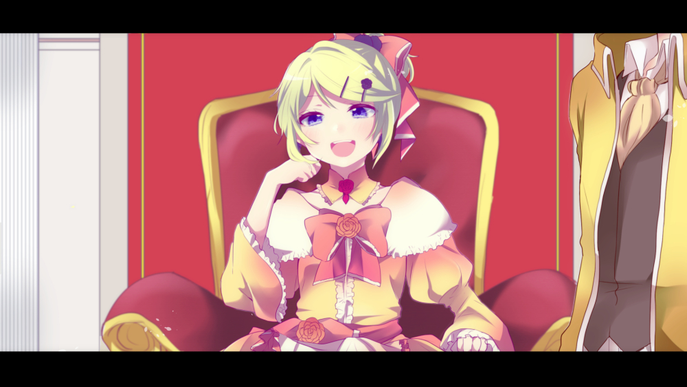 1boy, 1girl, aku_no_musume_(vocaloid), allen_avadonia, aoi_choko_(aoichoco), blonde_hair, blue_eyes, bow