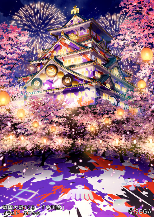 architecture, cherry_blossoms, east_asian_architecture, fireworks, lantern, night, night_sky, no_humans