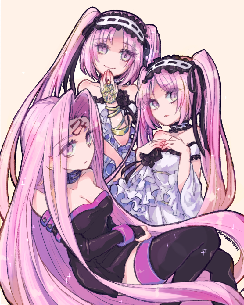 3girls, bare_shoulders, black_dress, black_legwear, black_ribbon, blush, breasts, bridal_gauntlets
