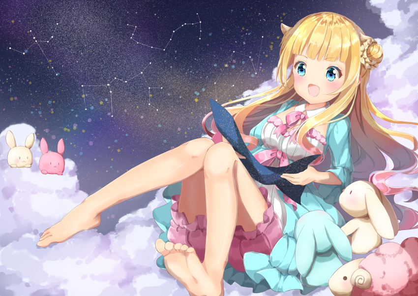 1girl, :d, barefoot, blonde_hair, bloomers, blue_dress, blue_eyes, blush