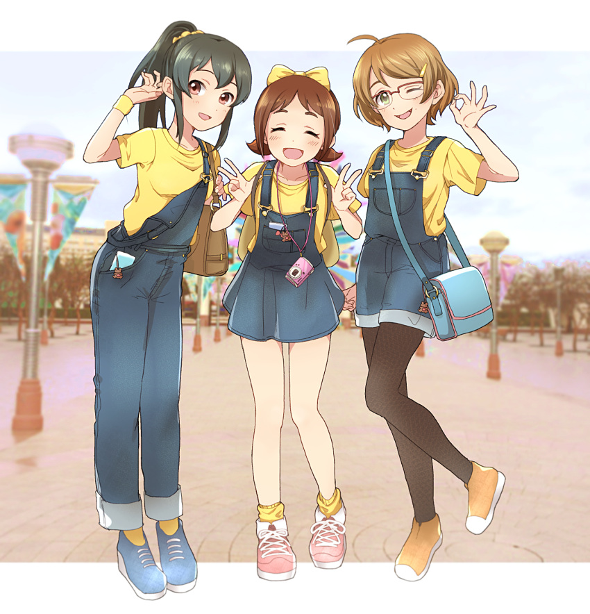 3girls, artist_request, black_hair, black_legwear, blush, brown_hair, camera, full_body