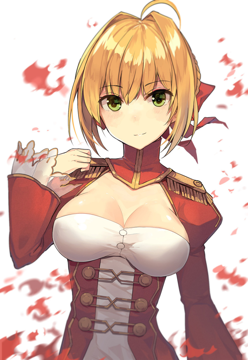 1girl, ahoge, blonde_hair, breasts, cleavage, closed_mouth, corset, epaulettes