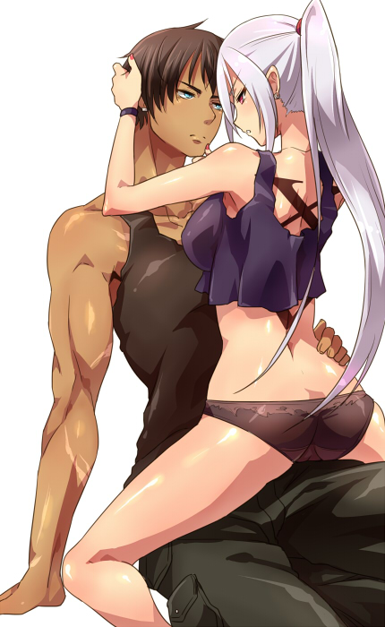 1boy, 1girl, arai_nobu, ass, black_pants, black_skirt, blue_eyes, brown_hair