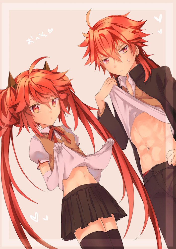 1boy, 1girl, abs, character_request, copyright_request, navel, red_eyes, redhead