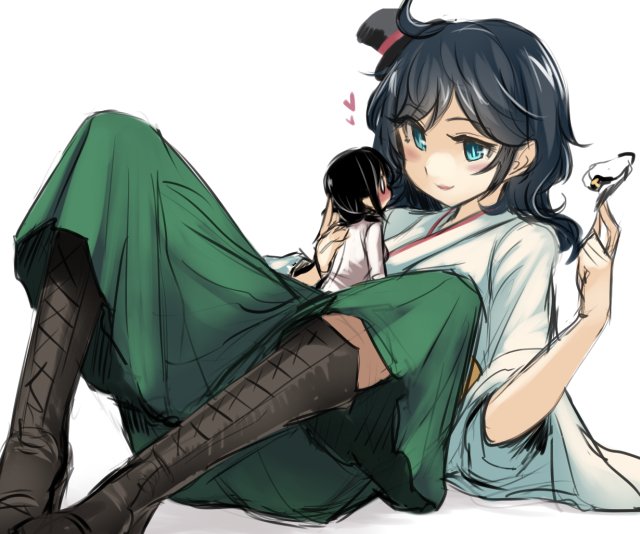 0_0, 2girls, black_footwear, black_hair, blue_eyes, blue_hair, boots, female_admiral_(kantai_collection)