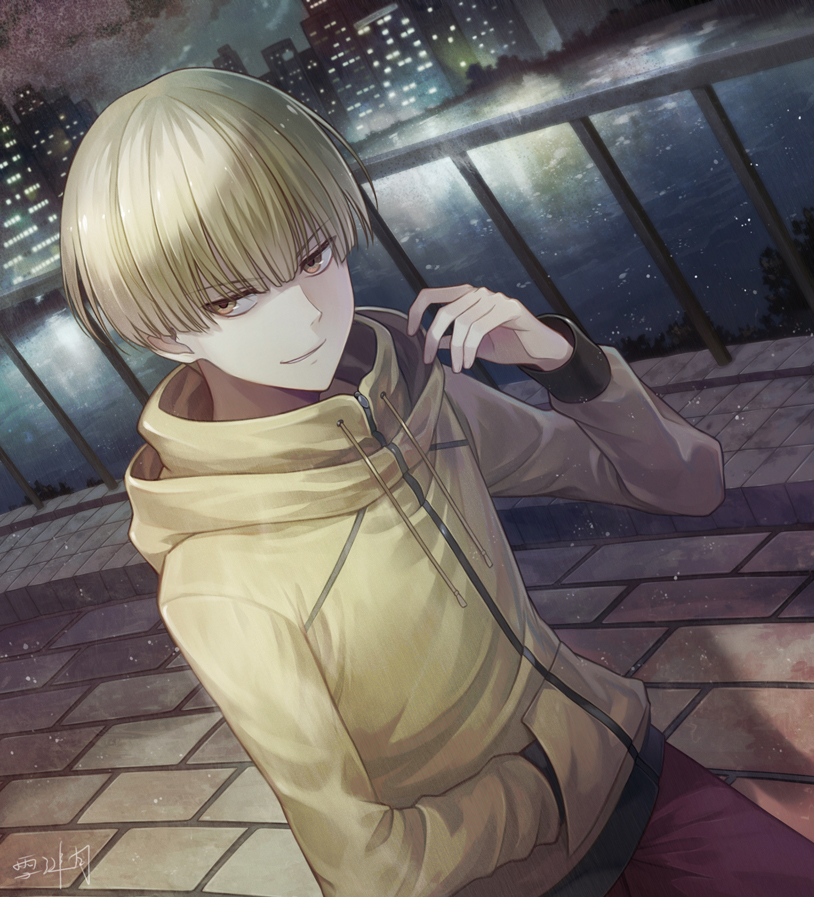 1boy, angel31424, blonde_hair, bowl_cut, brick_road, brown_eyes, city, dutch_angle, enokida_(hakata_tonkotsu_ramens), hakata_tonkotsu_ramens, hand_in_pocket, hand_up, hood, hood_down, hoodie, looking_at_viewer, male_focus, outdoors, railing, river, signature, solo